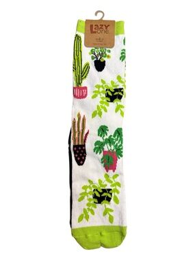Lazy One White Crew Socks with Lime Green Plant Pots